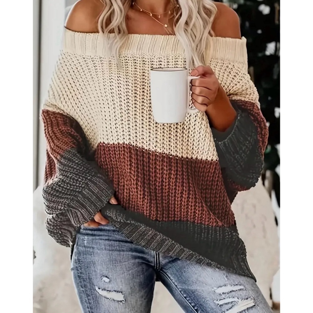 LAST 1! Gorgeous Off Shoulder Oversized Color Block Knit Sweater! - Picture 2 of 8